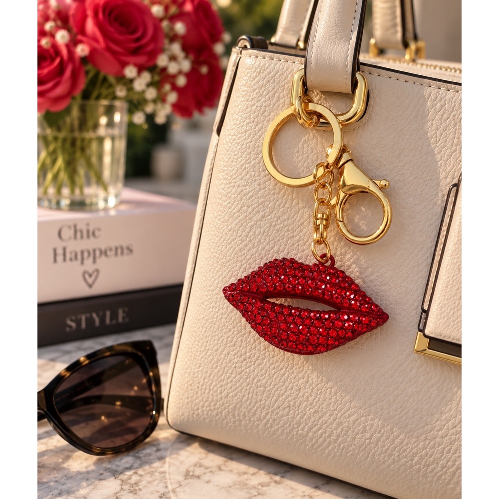 Red Rhinestone Lip Keychain Gold Tone Bag Charm Crystal Pucker Lips Key Ring